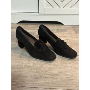 Stuart Weitzman 7.5 Suede Chunky Pumps Heels Tassel Loafers Black